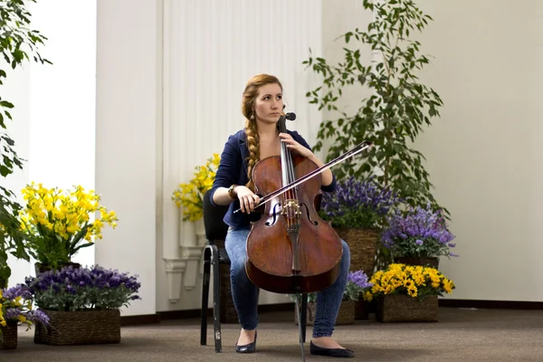 Young girl playing the cello in a large bright hall .Portrates beautiful girl with long hair. Musical Instruments