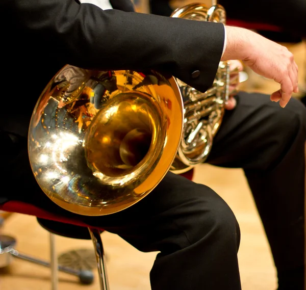 French horn in the concert hall. Wind instrument. French horn. Horn. Concert of classical music. Large Symphony Orchestra