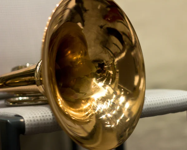 French horn in the concert hall. Wind instrument. French horn. Horn. Concert of classical music. Large Symphony Orchestra