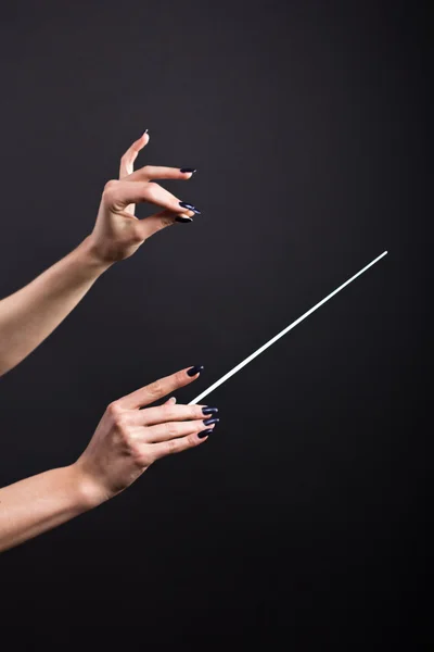 Conductor\'s baton in beautiful female hands on a black background.Conductor holds baton in the dark.