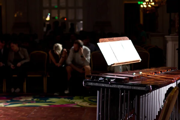 Percussion instruments in a chamber hall. Drums. Marimba. Bass. Jazz. intimate lighting