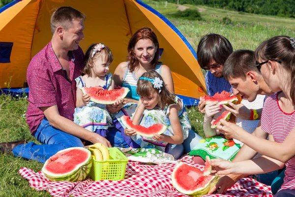 Outdoor group portrait of happy company having picnic on green grass in park and enjoying watermelon