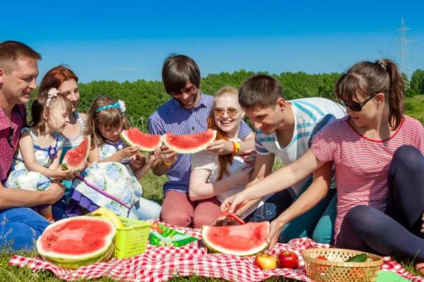 Outdoor group portrait of happy company having picnic on green grass in park and enjoying watermelon