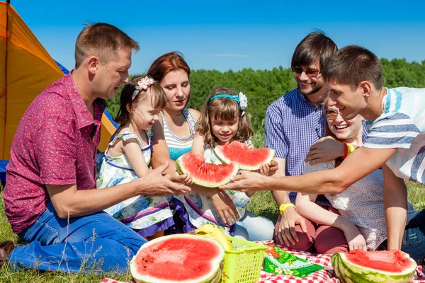 Outdoor group portrait of happy family having picnic on green grass in park and enjoying watermelon