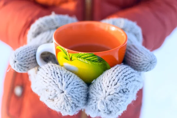 Woman hands in knitted mittens holding mug of hot tea in the winter park