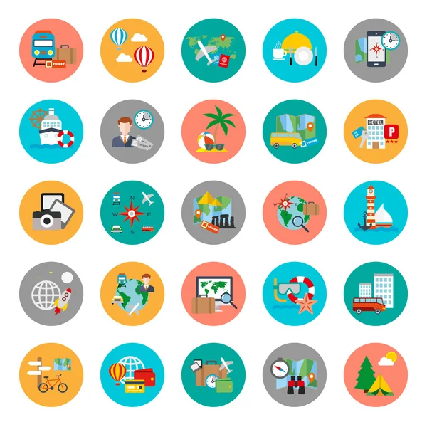 Flat conceptual icons set of tourism recreation, travel vacation to resort hotel. Flat vector icon.