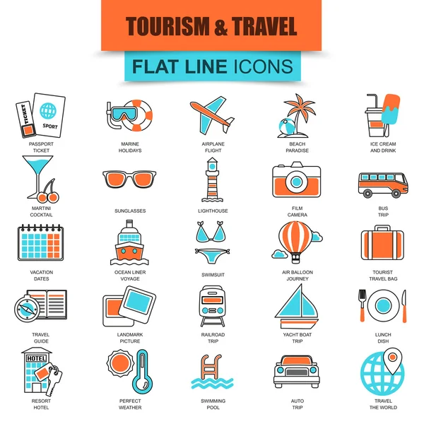 Set of thin line icons tourism recreation, travel vacation to resort hotel. Modern mono flat linear concept pictogram, set simple outline icon, symbol for web designers. Collection flat line icon.