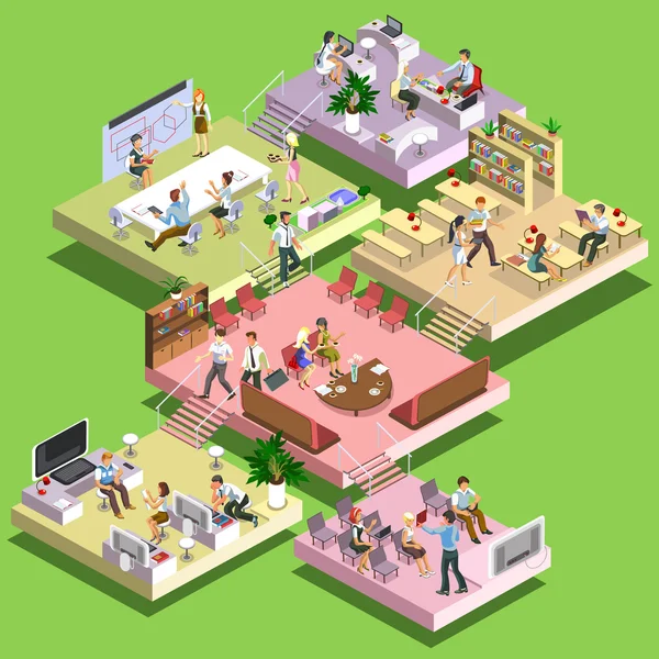 Flat 3d isometric concept business multistoried office center with scheme of floors and activities. Reception,business meeting, training, teamwork, leadership room, workplaces, creative focus group.