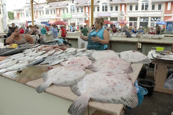 Fish stalls at the famous fish market Pryvoz, Odessa, Ukraine.