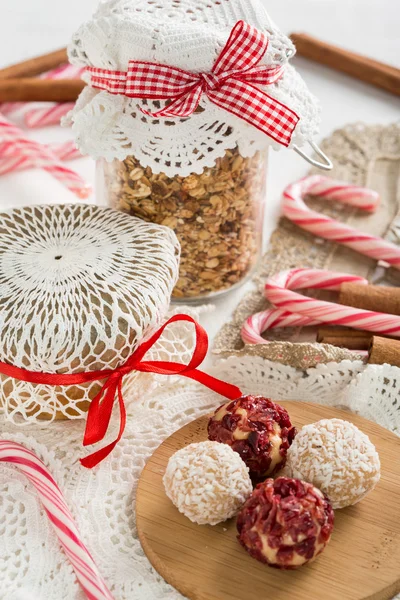 Sweet truffle brigadeiros, jam and fried oatmeal