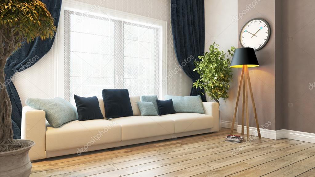 Living comedor con asiento y cortina de render 3d — foto de stock ...