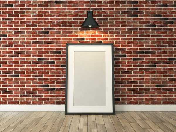 Picture frame on the brick wall and wood floor under spot light