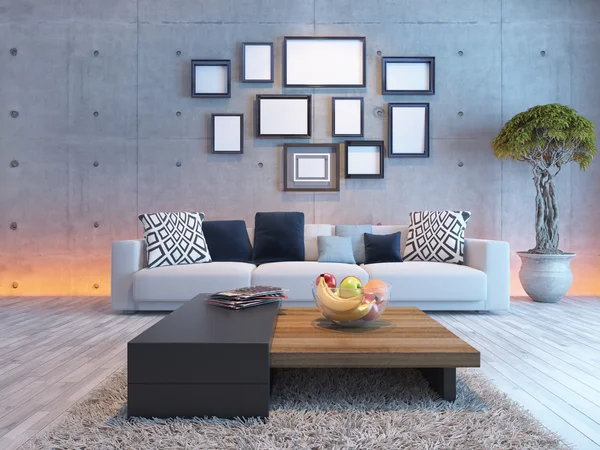 Living room interior design with concrete wall and picture frame