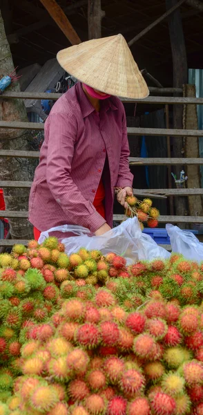 Vietnamese woman selling many tropical fruits