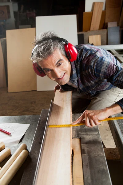 Happy carpenter  in his workshop