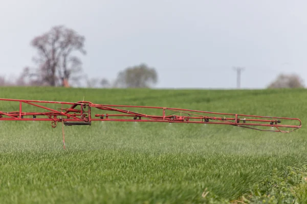 Spraying the herbicides on the green field