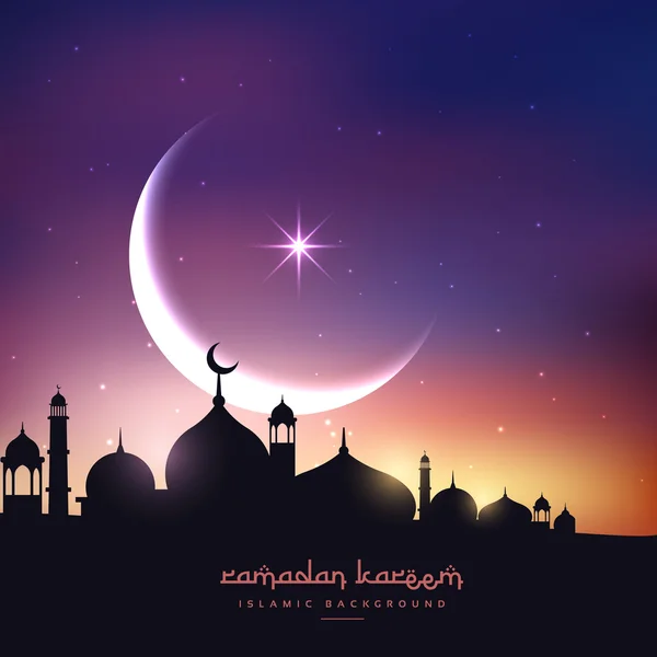 Mosque silhouette in night sky with crescent moon and star