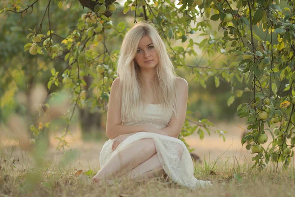 Beautiful young woman sedit on the grass under the apple tree