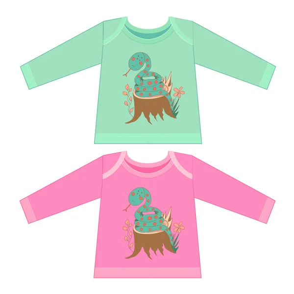 Baby clothes with cartoon animals. Sketchy little blue snake sit