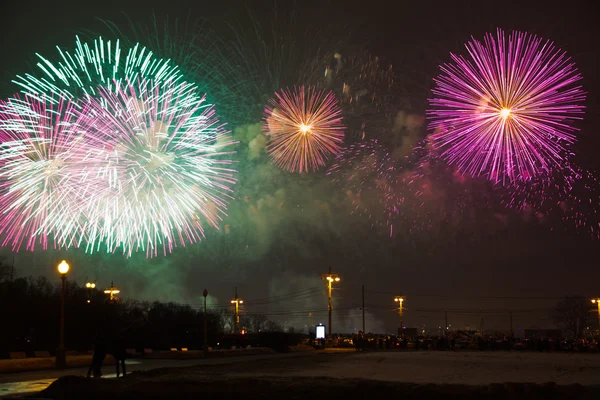 Fireworks at Sparrow hills. Russia, Moscow, Lomonosov Moscow state University.