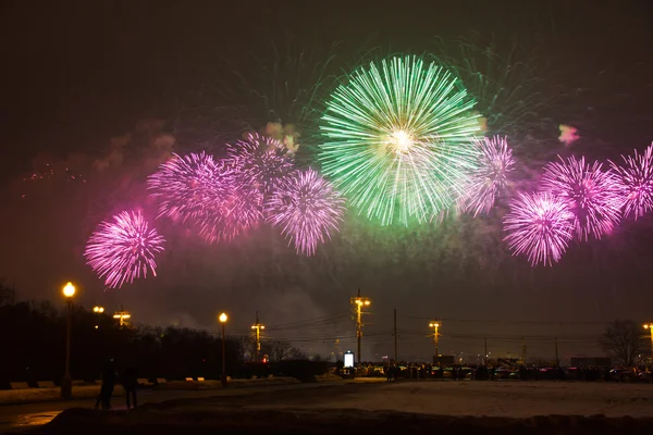 Fireworks at Sparrow hills. Russia, Moscow, Lomonosov Moscow state University.