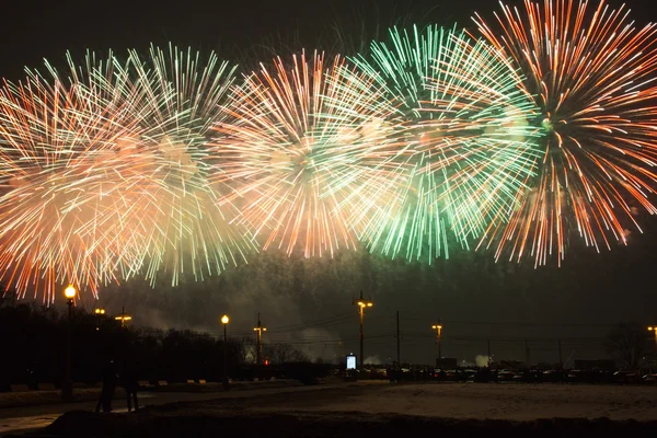 Fireworks at Sparrow hills. Russia, Moscow, Lomonosov Moscow state University.
