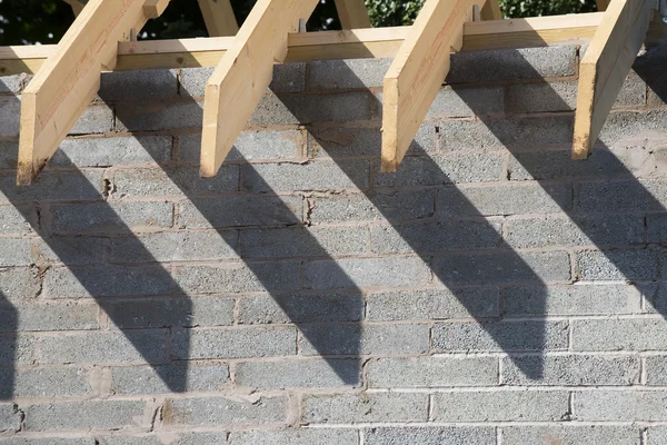Shadows of timber roof trusses on a block wall.