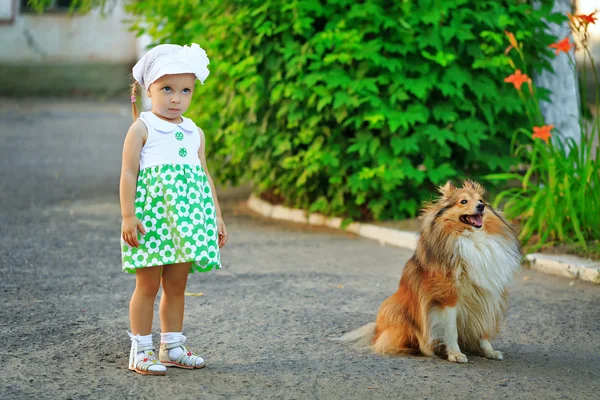 Little girl and dog walking in the park.