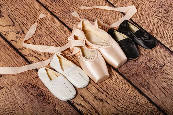 Gym shoes and ballet pointe shoes.