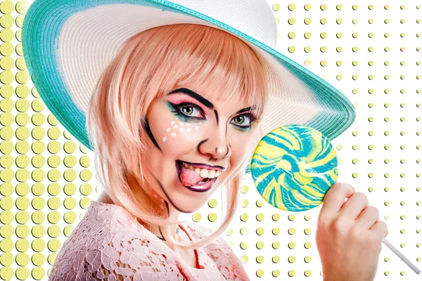 Girl with makeup in style of pop art, hat and lollipop. Colored