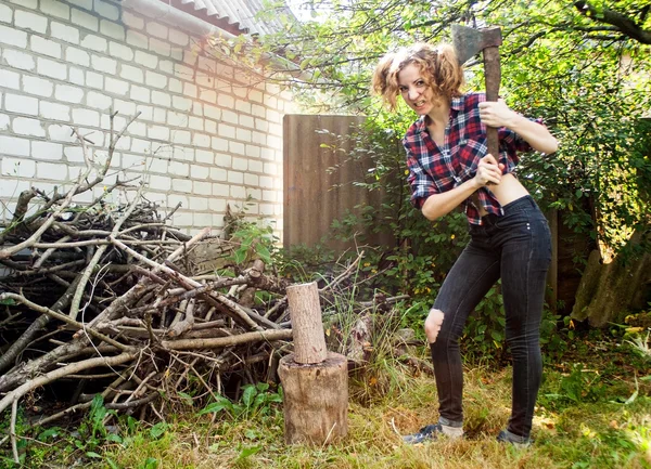 Angry Woman Chopping Wood