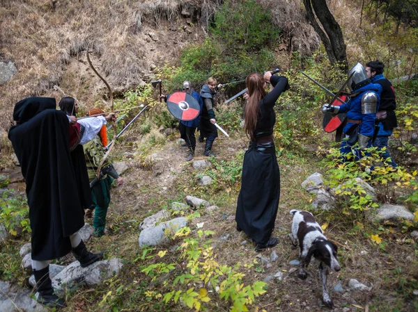 People play RPG games in nature era of the Middle Ages