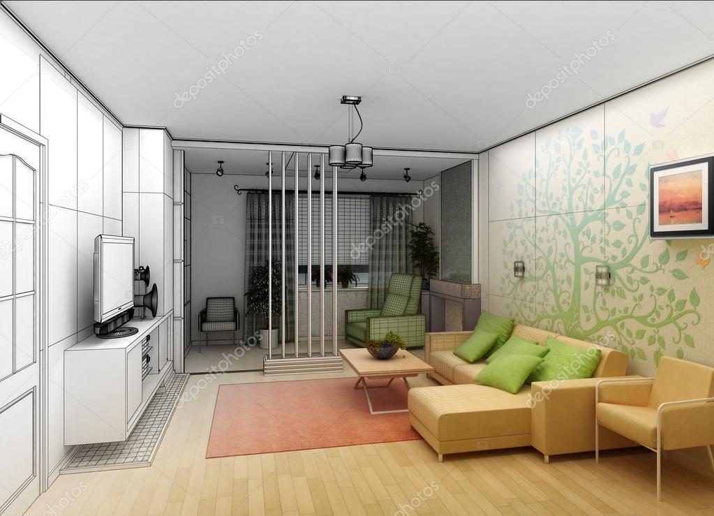 Living comedor con vista al paisaje, arquitectura de interiores 3d ...