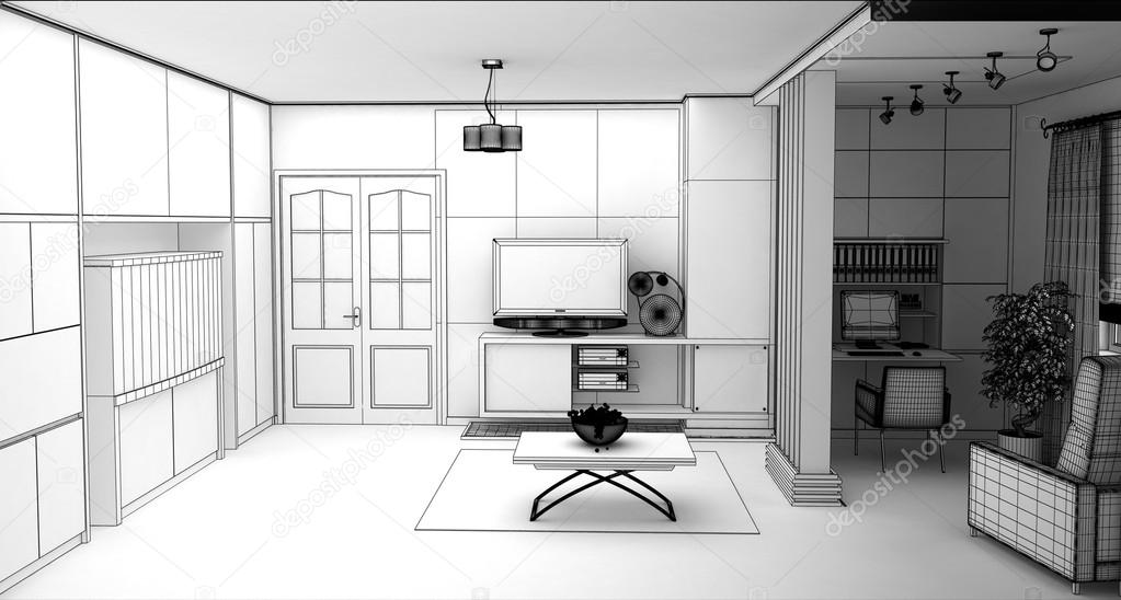 Living comedor con vista al paisaje, arquitectura de interiores 3d ...