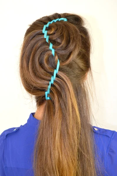 Hollywood wave, hair weave with blue ribbon