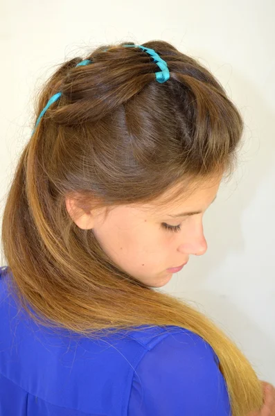 Hollywood wave, hair weave with blue ribbon