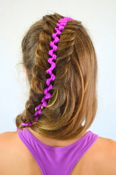 Hair weave with purple ribbon