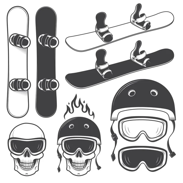 Set of black and white snowbords and designed snowboarding eleme