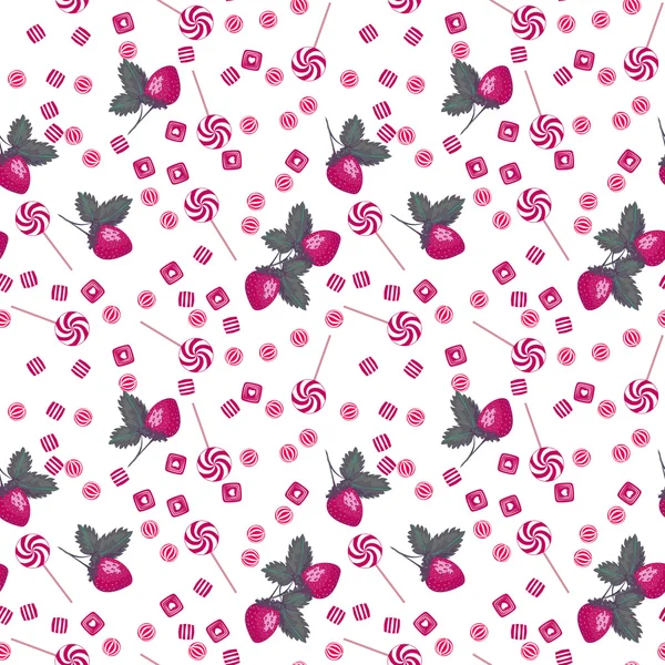 Strawberry lollipops, candy and chewing gum seamless pattern bac