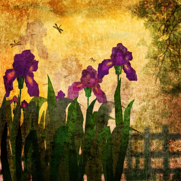 Painting iris flowers grunge vintage background