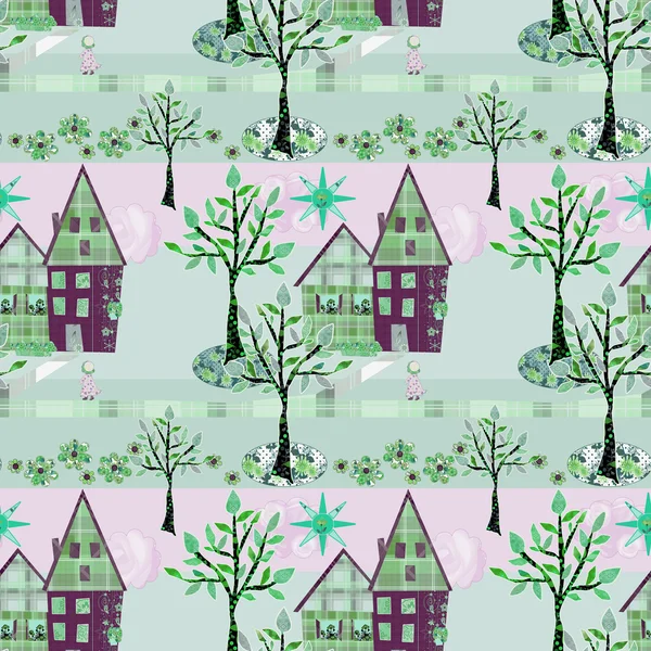 Seamless background of house and tree garden patchwork cutout