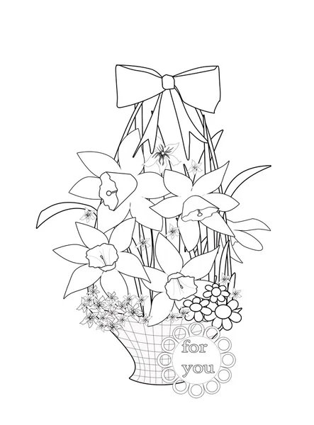 Coloring page book with floral basket black and white illustrati