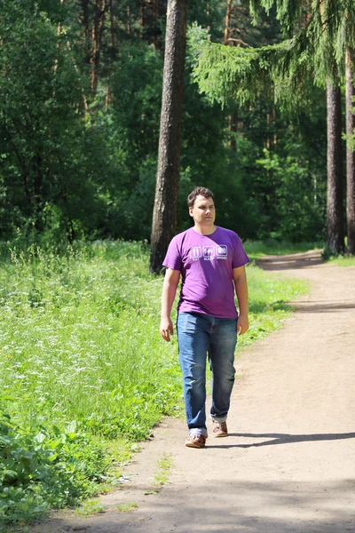 Young handsome man in jeans walks on path in summer sunny forest