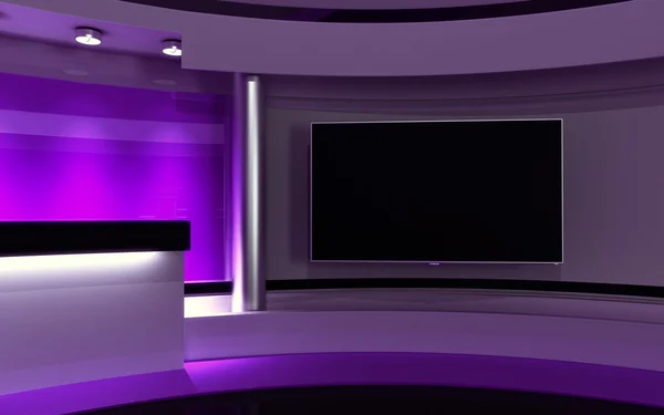Lilac studio. Tv Studio. News studio. The perfect backdrop for any green screen or chroma key video or photo production. 3d render. 3d visualisation
