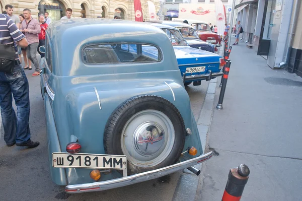 Soviet car Moskvich-401 on retro rally Gorkyclassic about Gum, Moscow, rear view