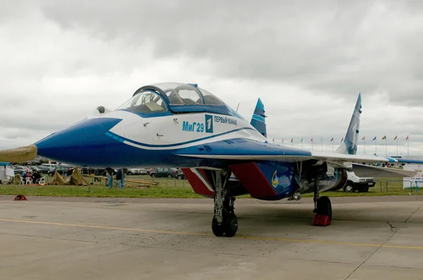 Russian MiG-29 with the logo of the Russian 1st TV channel  at the International Aviation and Space salon (MAKS) on August 21, 2009 in Zhukovsky, Russia