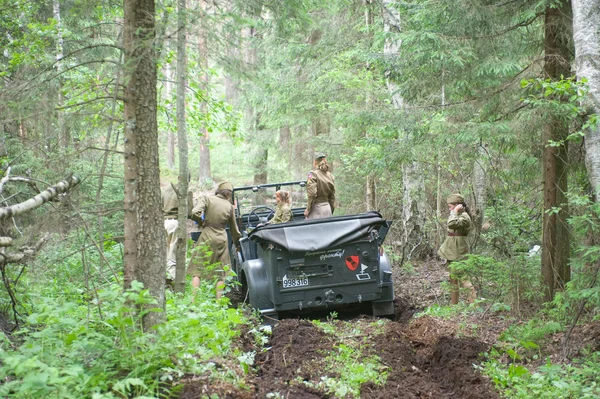 German retro car Horch-901 stuck on a forest road, 3rd international meeting \