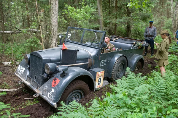 German retro car Horch-901 stuck on a forest road, 3rd international meeting \