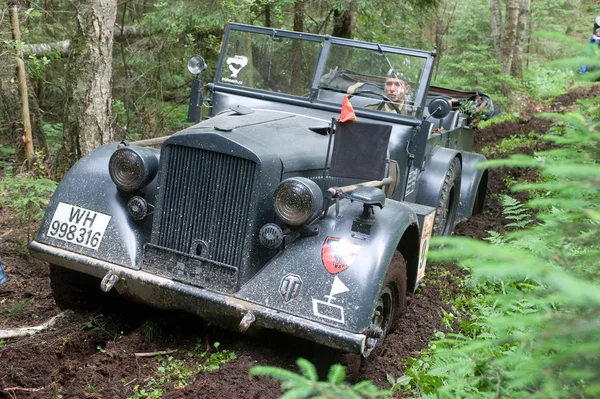 German retro car Horch-901 stuck on a forest road, 3rd international meeting \