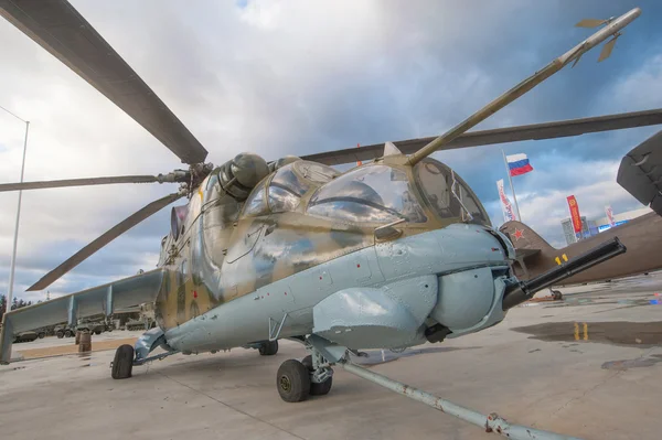 Modern Russian combat helicopter Mi-24 in the Parking lot at Patriot Park, front view